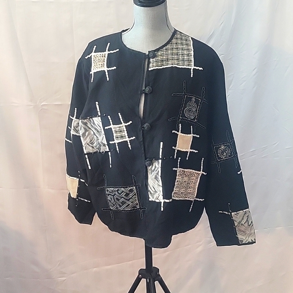 ALLURE Women's Black, Beige & White Patch Jacket Button-front, Size Missy Large